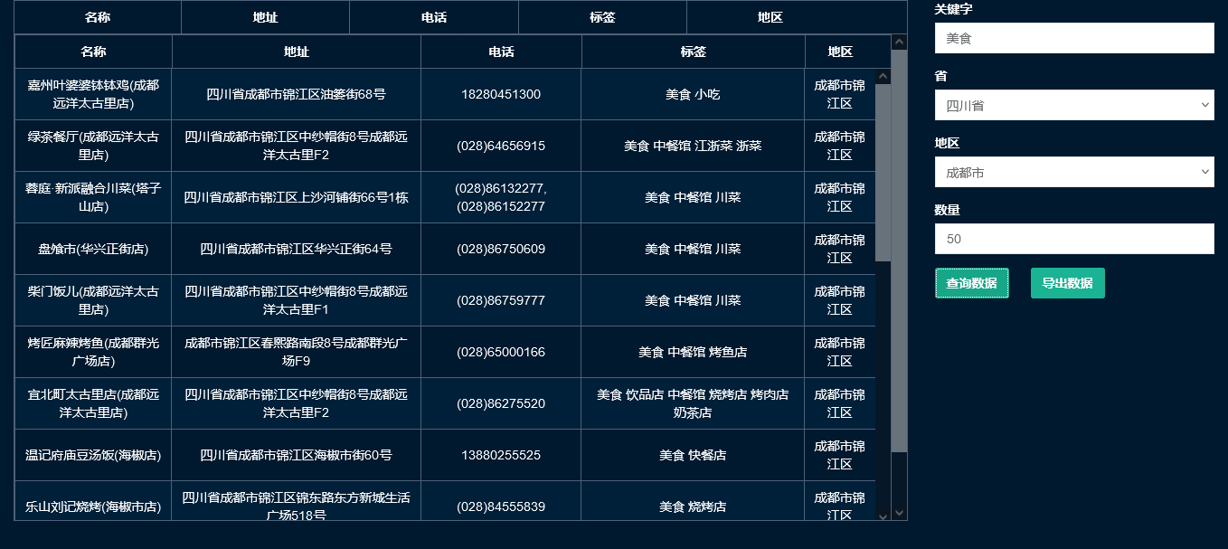 商家信息查询源码JS版地图信息采集查询数据导出数据行政区域地图API接口HTML源码